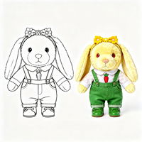 Jouet en peluche lapin jaune mignon à oreilles tombantes avec accessoire nœud, blouse à motif carotte et salopette verte