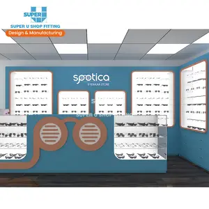 定制蓝色太阳镜购物中心售货亭家具照明可锁玻璃眼镜展示柜眼镜店设计