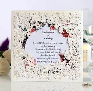 Tarjetas de Felicitación de boda con borde de encaje romántico, corte láser de lujo, alta calidad