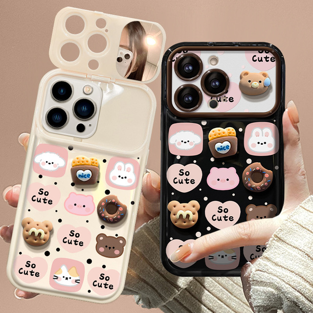 Cartoon 3D Bear Cookies Phone Case for iphone 16 Plus 15 17 Air Pro Max Contrasting Color Large Viewing Window Shell Back Cover