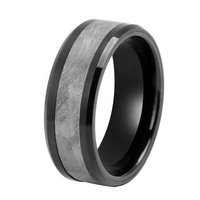 Bague pour homme en zirconium noir de 8 mm, bande plate avec milgrain inversé et incrustation de météorite Muonionalusta authentique