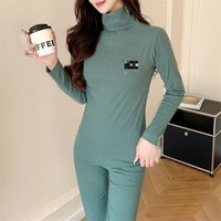 SAMWESTART sonbahar kış alman kadife sıcak pijama kadın Ong kollu pantolon yüksek yakalı ev giysileri 2 parça Set