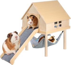 Plateforme de hamac moderne sur mesure extra-large pour cochon d'Inde avec escalier, cachette en bois pour petits animaux, maison à double étage amovible - Product Image 1