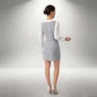 Robe mini décontractée élégante et romantique pour femme, à manches longues, effet deux-pièces, en tricot à carreaux color block, avec nœud, lavable, boutonnée