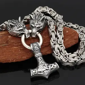 Nordic Celtic Wolf Men's Necklace Viking Wolf Head Stainless Steel Pendant Norse Amulet Jewelry Necklace (KSS377)