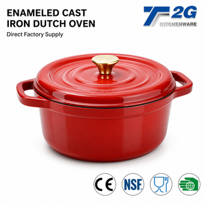 Enameled Cast <b>Iron</b> Dutch Oven Round with Self Basting Lid <b>7</b> Layer Enamel Structure Red Gold Knob NSF CE - Product Image 1