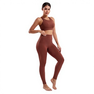 2 Piece Yoga Set High Waist <b>Leggings</b> Scoop Neck Racerback Sports Bra Seamless Solid <b>Brown</b> Full Length Workout Wear - Product Image 4
