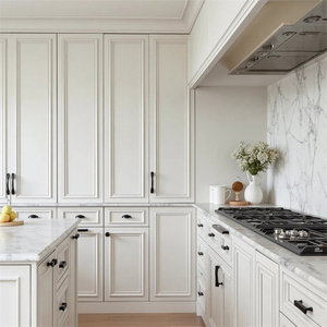 Coastal Dream Kitchens Panel empotrado manchado de madera maciza Manija pintada en blanco Puerta de vidrio Diseño de cocina Armario con Isla Grande - Product Image 4