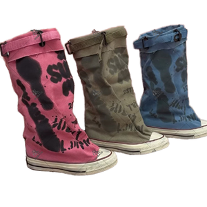 Women's 2025 Autumn Graffiti Belt Buckle Knee-High Canvas Wide Barrel <b>Boots</b> Slip-on High Top Sneakers Chunky Heel Round Toe - Product Image 1