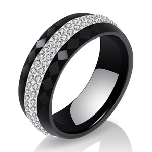 <b>Ceramic</b> Black White <b>Ring</b> 8mm Geometric Diamond Pave Setting Unisex Fashion Jewelry Gift - Product Image 1