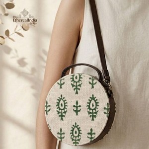 <b>Green</b> Block Print Round Sling Bag Wholesale Handmade Cotton Circle Crossbody <b>Purse</b> Ethnic Floral Handbag Export India - Product Image 5