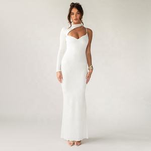 ENYA – robe moulante en tricot côtelé, une épaule dénudée, Sexy, longue, asymétrique, dos nu, tenue de soirée, soirée - Product Image 2