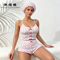 Ensemble de pyjama imprimé cœur P590 pour femme, caraco côtelé et short à volants avec bonnet à nœud, vêtements de nuit et de détente