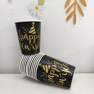 DAMAI Happy New Year Party Supplies <b>Black</b> Square <b>Plate</b> Golden Disposable Tableware Set Paper Cups Napkins - Product Image 5