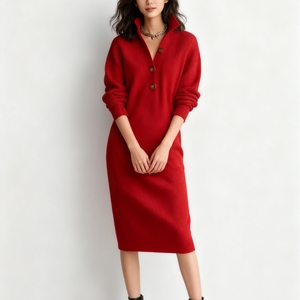 Robes pull mi-longues en maille décontractées pour femme, coupe droite ample, col boutonné, collection automne, tendance - Product Image 6