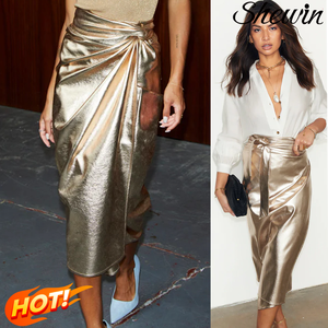 Shewin 2025 Mayorista Señora Oro Metalizado Cuero Anudado Wrap Mujeres Midi Falda - Product Image 1