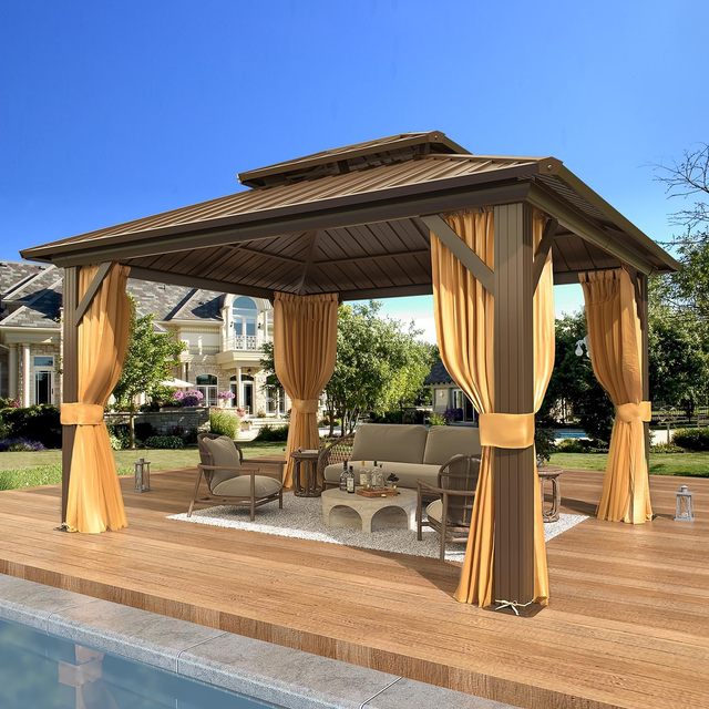 10' X 12' Modern Hardtop Gazebo with Aluminum Frame and Galvanized Steel Double Roof Backyard Screen Option Garden Decorations