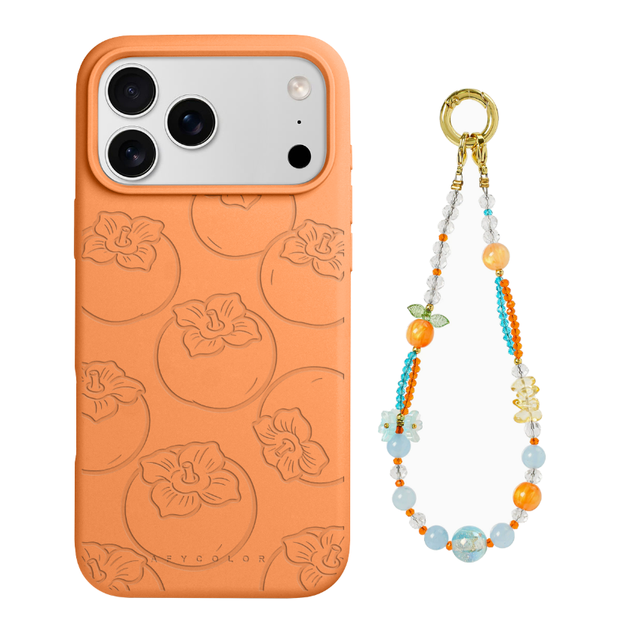 Embossed Persimmon Pattern Liquid Silicone Phone Case for iPhone 17 16 15 With Handmade Beaded Phone Chain Strap