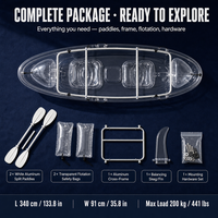 Kayak transparent en polycarbonate pour 2 personnes, double siège, canoë transparent, bateau à rames pour les sports nautiques en station balnéaire