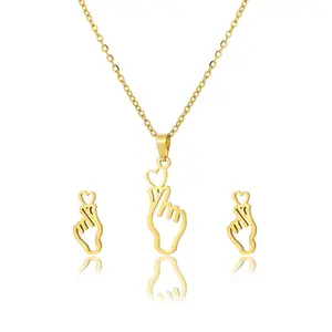 נירוסטה תכשיטי נשים אופנה פשוט זהב מצופה לב מחווה אהבת שיק שרשרת עגילי תכשיטי סטים