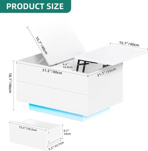 Tavolino <span class=keywords><strong>da</strong></span> Caffè Moderno Bianco Rettangolare con Illuminazione LED, Vano Contenitore Nascosto e Altezza Regolabile - Product Image 4