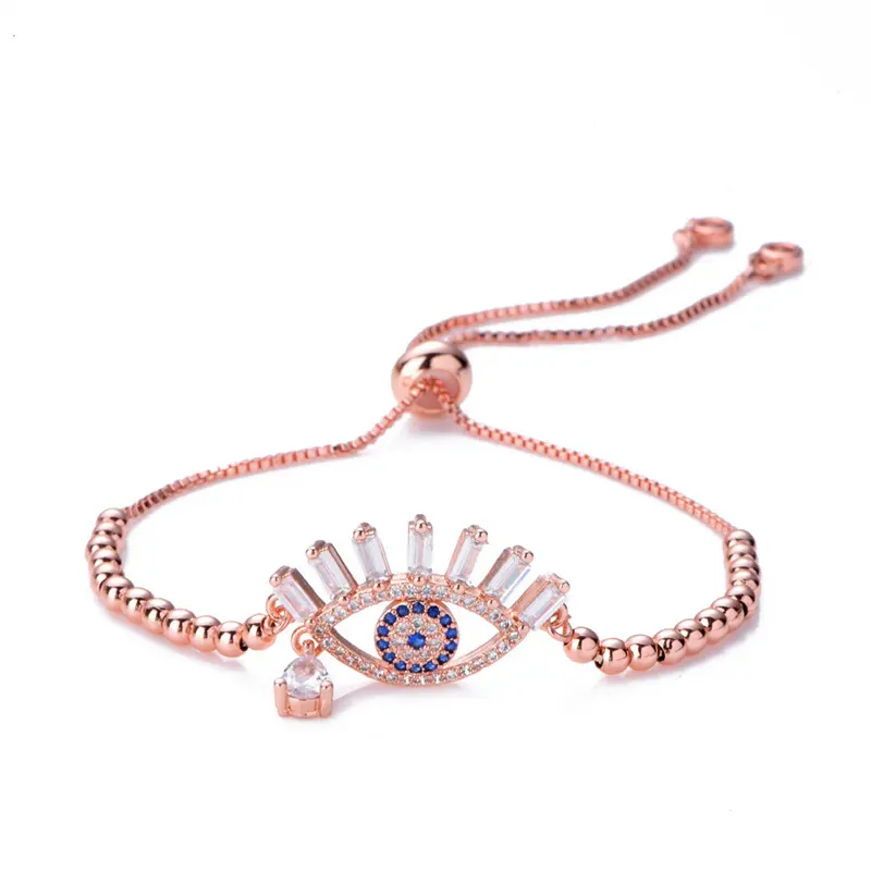 Zierliche Kette Edelstein Teufel Auge mit Träne Ojo Nazar Bolo Perlen verstellbares Armband Rose Gold Plated Fine Jewelry für Frauen