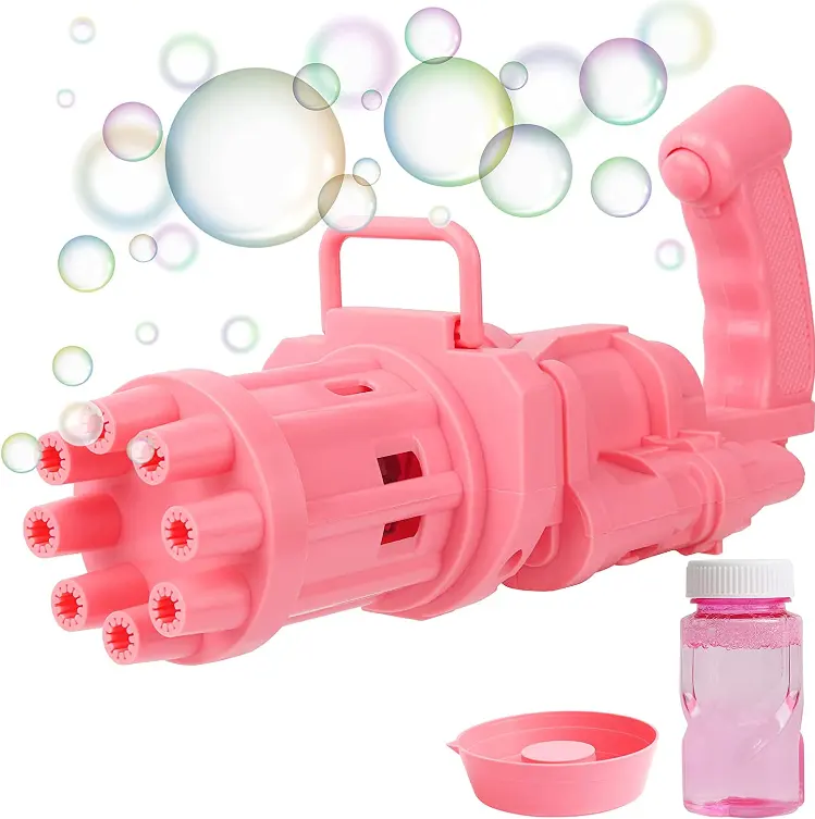 Pistola de bolha, venda quente de 8 buracos para festa ao ar livre, brinquedo de bolha, meninos e meninas, feriados de verão, como jogar, elétrica, rosa, brinquedos de bolha