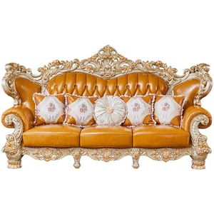 Phong Cách Châu Âu Rắn Gỗ Sofa Da Chính Hãng Miếng Bọt Biển Đầy Sang Trọng Phòng Khách Đặt Rượu Sâm Banh Vàng Lá - Product Image 6