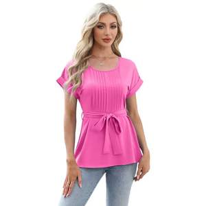 Camiseta de Manga Corta con Cuello Redondo y Volantes en la Cintura, Color Sólido, para Mujer, Estilo Europeo Americano, Venta al Por Mayor - Product Image 5