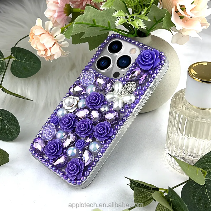 Luxury Crystal Gem Purple Flower Garden custodia per telefono con strass custodia protettiva con diamante Bling per Iphone13 14 Pro Max