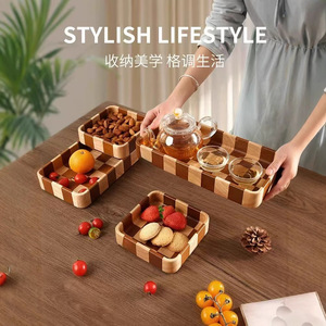 Wooden Checkerboard <b>Tray</b> Rectangle 30x15cm Serving Plate For Fruit <b>Tea</b> Coffee Kitchen Use - Product Image 4
