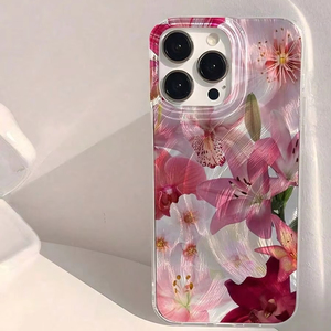 Nuova <span class=keywords><strong>Cover</strong></span> per <span class=keywords><strong>iPhone</strong></span> 17 16 15 14 Pro Max con Farfalla, Orchidea, Giglio Bianco e Rosa Chiaro, Piuma Argentata e Foro Grande - Product Image 3