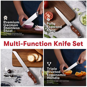 Ensemble de couverts de cuisine élégant, couteaux de chef en acier inoxydable à triple rivetage avec manche en bois coloré, vernis brun-rougeâtre, avec bloc en bois - Product Image 5
