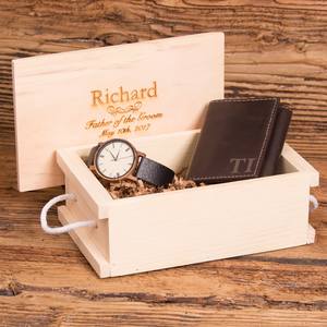 JUNJI Board Christmas Gift Set Monogram Wallet Reloj de madera Padrinos DE BODA <span class=keywords><strong>Padre</strong></span> y novia para él <span class=keywords><strong>Abuelo</strong></span> y caja del Día del <span class=keywords><strong>Padre</strong></span> - Product Image 1