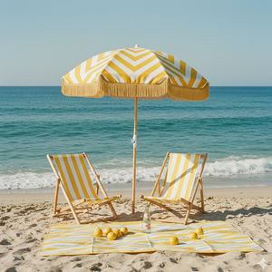 Sombrilla de Playa Resistente con Flecos, Rayas Amarillas y Blancas, Protección UV, para Jardín, Cafetería, Terraza, Inclinable - Product Image 5