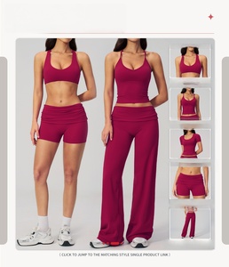 Ensemble d'entraînement 2 pièces pour femme Yian, haut de compression à manches courtes et col en U et <span class=keywords><strong>short</strong></span> cycliste taille haute à revers - Product Image 3