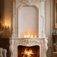 Cheminée de luxe intérieure en marbre beige, style européen classique, avec éléments sculptés à la main, moderne, à double étage, avec statue décorative