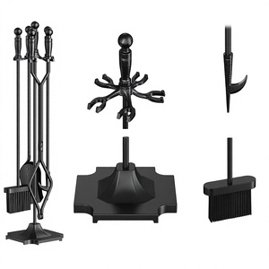 Cast iron fireplace <b>tool</b> set 5 piece poker tongs shovel Black metal <b>fire</b> <b>tools</b> Traditional fireplace stand set - Product Image 4