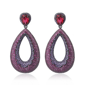 BD-E1364 Chic Boucles <span class=keywords><strong>d</strong></span>'oreilles pendantes longues et larges de luxe pour femmes, serties de pierres en zircone cubique rose chaud et violet, pour les fêtes et les mariages - Product Image 5