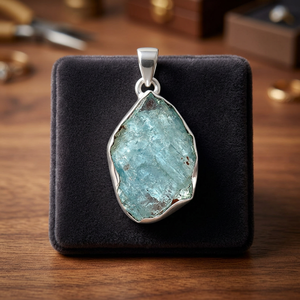 Colgante de Plata de Ley de Lujo Hecho a Mano con Gema de Aguamarina en Bruto y Engaste de Bisel, Colgantes y Dijes de Súper Calidad - Product Image 3