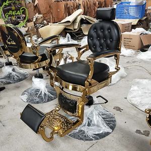 Foshan Factory Estilo antiguo Negro Oro Cuero Barbería Estilo Silla de afeitar Bomba hidráulica Base redonda Silla de peluquería - Product Image 1