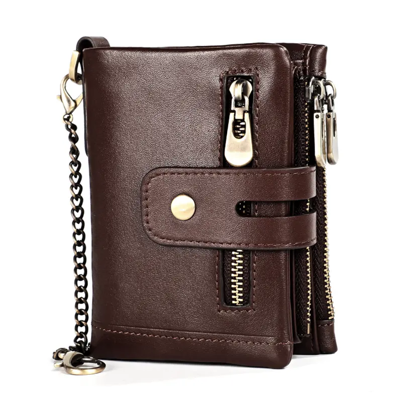 Genuine leather money bag for men vintage style wallets for men man wallet with iron chain zipper purse RFID