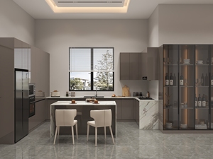 SANTOPOVA Modern L-Shaped Kitchen Cabinet Set with Dark Brown Glass Display and Golden <b>Trim</b> - Product Image 5