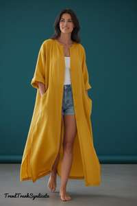 Robe longue jaune pour femme, style caftan kimono, en lin/coton, pour mariage, Mehndi, Haldi, cérémonie de fiançailles, soirée, coupe trapèze, ethnique - Product Image 4