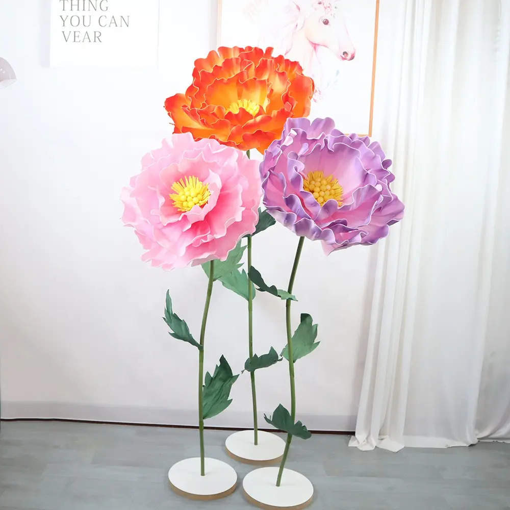 Fait à la main, grande tige longue géante de mariage en mousse de polyuréthane PE, fleur de pivoine rose pour la décoration de mariage