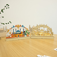 Ornement en bois 3D pour le Ramadan, scène de mosquée peinte, décoration de table Eid Mubarak, décoration de fête islamique musulmane Ramadan Kareem pour la maison