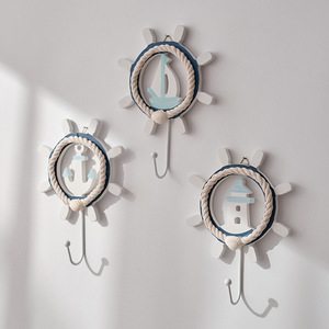 Mediterranean Style Coat <b>Hooks</b> Round MDF <b>Wall</b> Mounted Anchor Lighthouse Sailboat Design For Home Decor Behind Doors Or <b>Walls</b> - Product Image 1