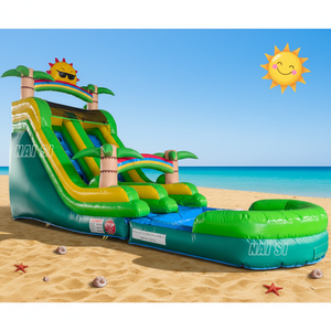 Tobogán acuático de una sola vía, brincolín verde con agua y sol, moonwalk infantil con gran <span class=keywords><strong>piscina</strong></span> de salpicaduras para fiestas de verano - Product Image 1