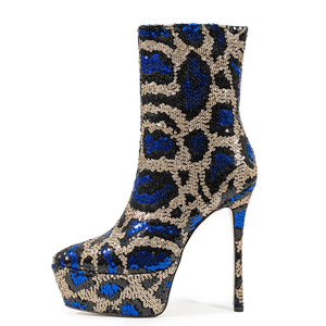 Bottines à talons hauts pour femmes, grande taille 45, à paillettes, coupe large, bout pointu, plateforme, imprimés zèbre et léopard - Product Image 1