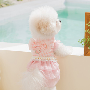 Robe en <span class=keywords><strong>maille</strong></span> de soie brodée à carreaux avec grand nœud style princesse pour chien et jupe pour chat, collection printemps-été - Product Image 2